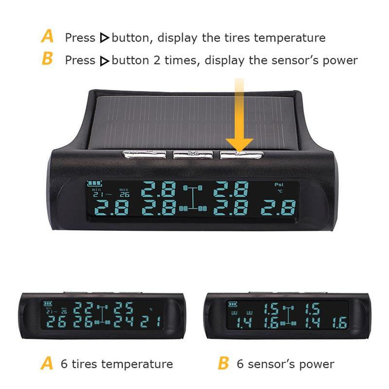 Solar Charging Car Tire Pressure Monitoring Tool, Wheel Tire Pressure Monitoring System, Wireless Vehicle Tire Pressure Gauge with 6 External Sensors, Car Repair Tools